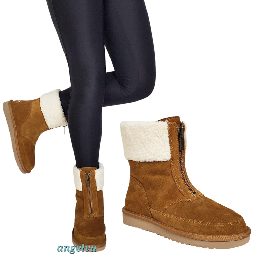 New Koolaburra ugg Lytta short suede ankle boots chestnut winter fur classic zip